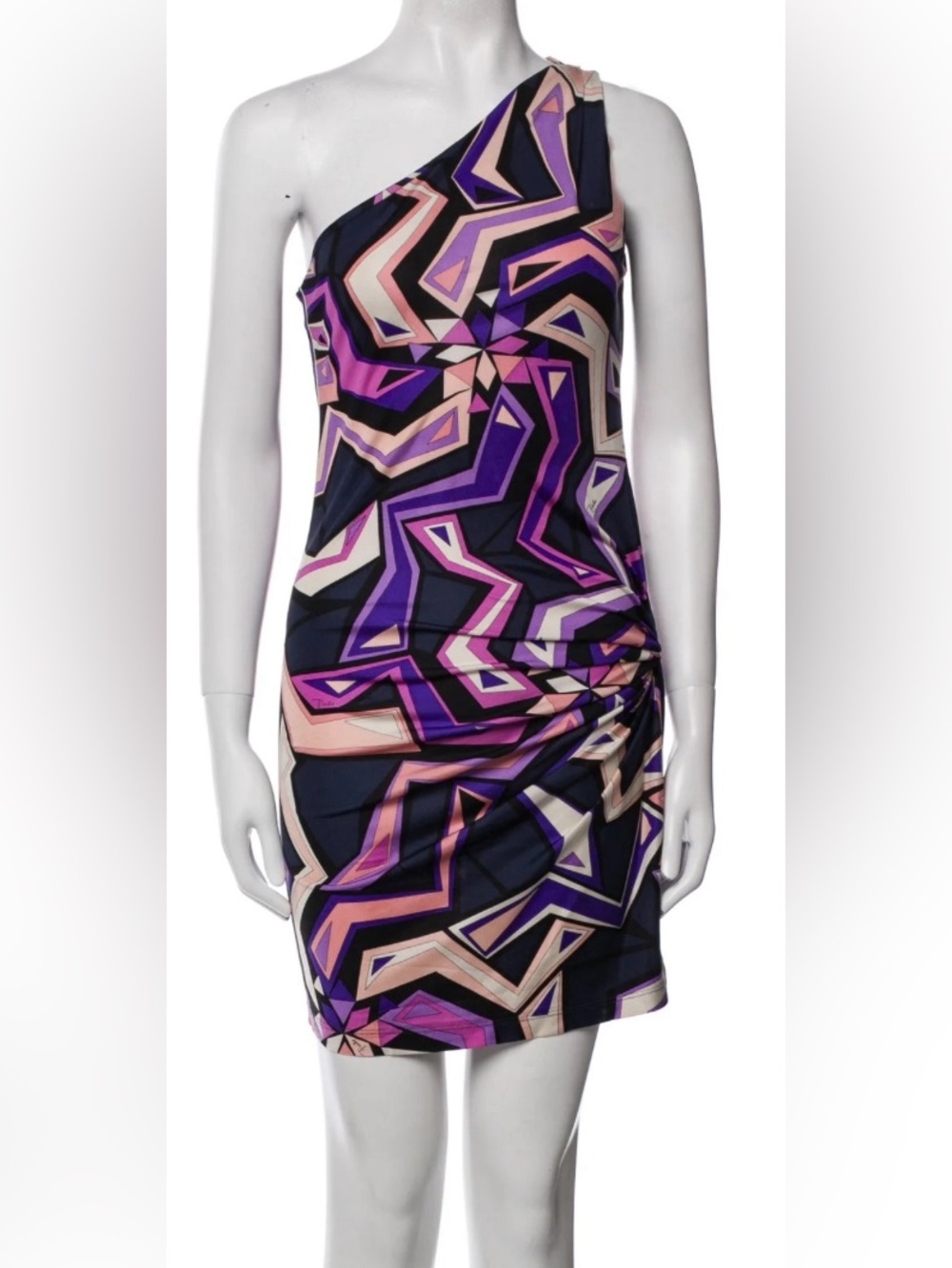Emilio Pucci One-Shoulder Geometric Mini Dress in Purple, Pink and Navy